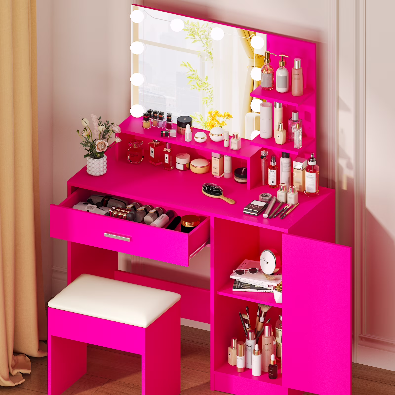 Vanity Set with 3 Color Lighted Mirror, Makeup Table with 3 Storage Shelves Drawers, Dressing Table Makeup Desk with Stool,White(White) - Image 9