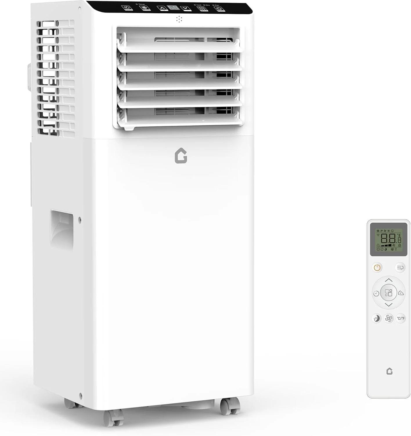 Climatiseur portable de 8 000 BTU, avec modes refroidissement, déshumidification et ventilation intégrés, pour des pièces jusqu'à 350 pi² (32,5 m²), télécommande, minuterie 24 heures et kit d'installation.