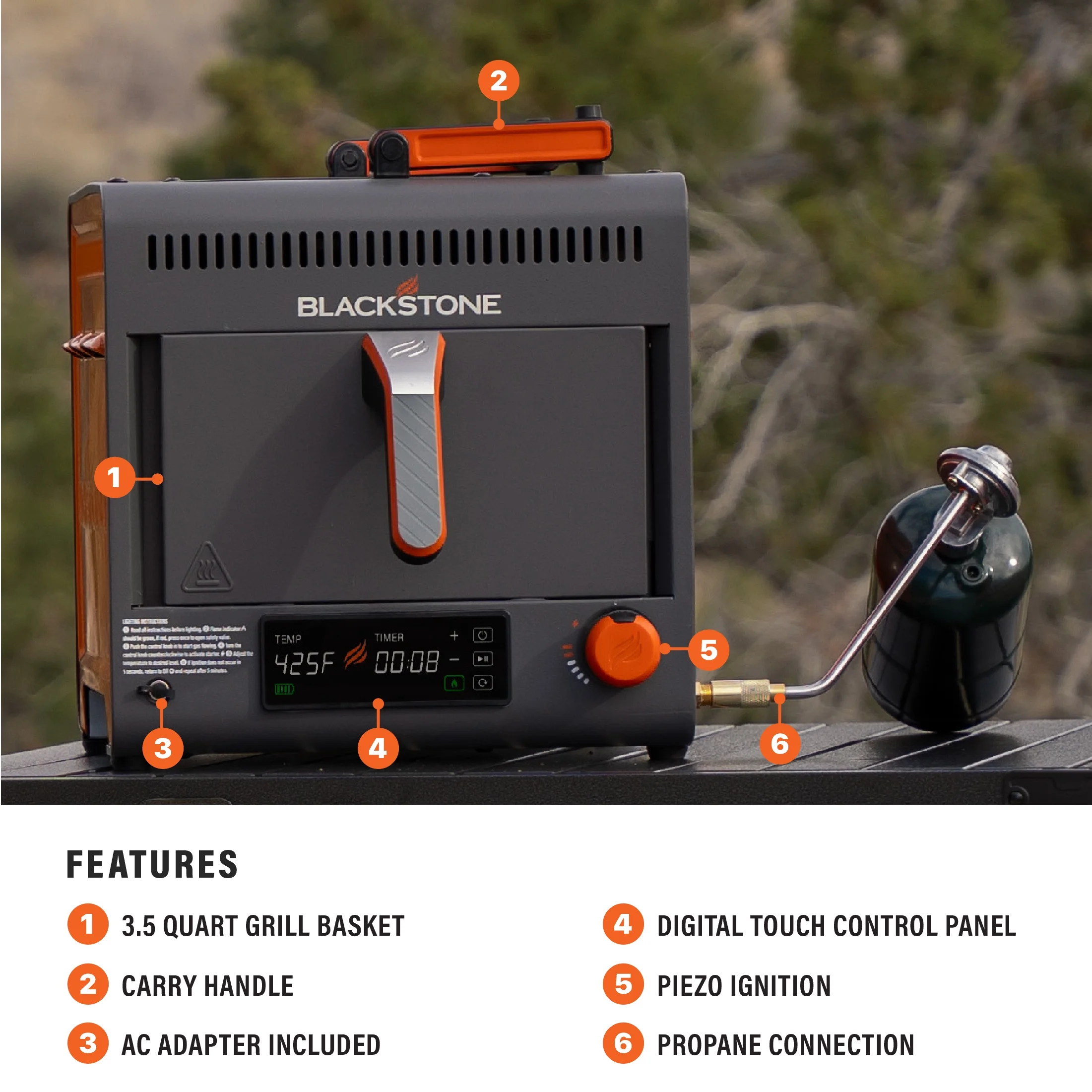 Adventure Ready Portable Propane Air Fryer, 4 Quart, Gray Orange, 18W, 3ft Cord - Image 5
