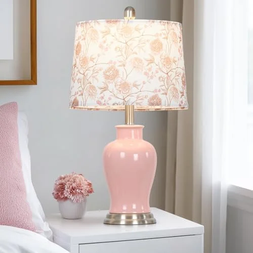 Modern Ceramic Table Lamps Set of 2, 23" White Ceramic Lamps for Living Room, Rustic Farmhouse Bedside Lamp with Ginger Jar Design, Elegant Bedroom Lamp for Nightstand Desk Side End Table Home Decor(Pink-Flower Lampshade) - Image 8