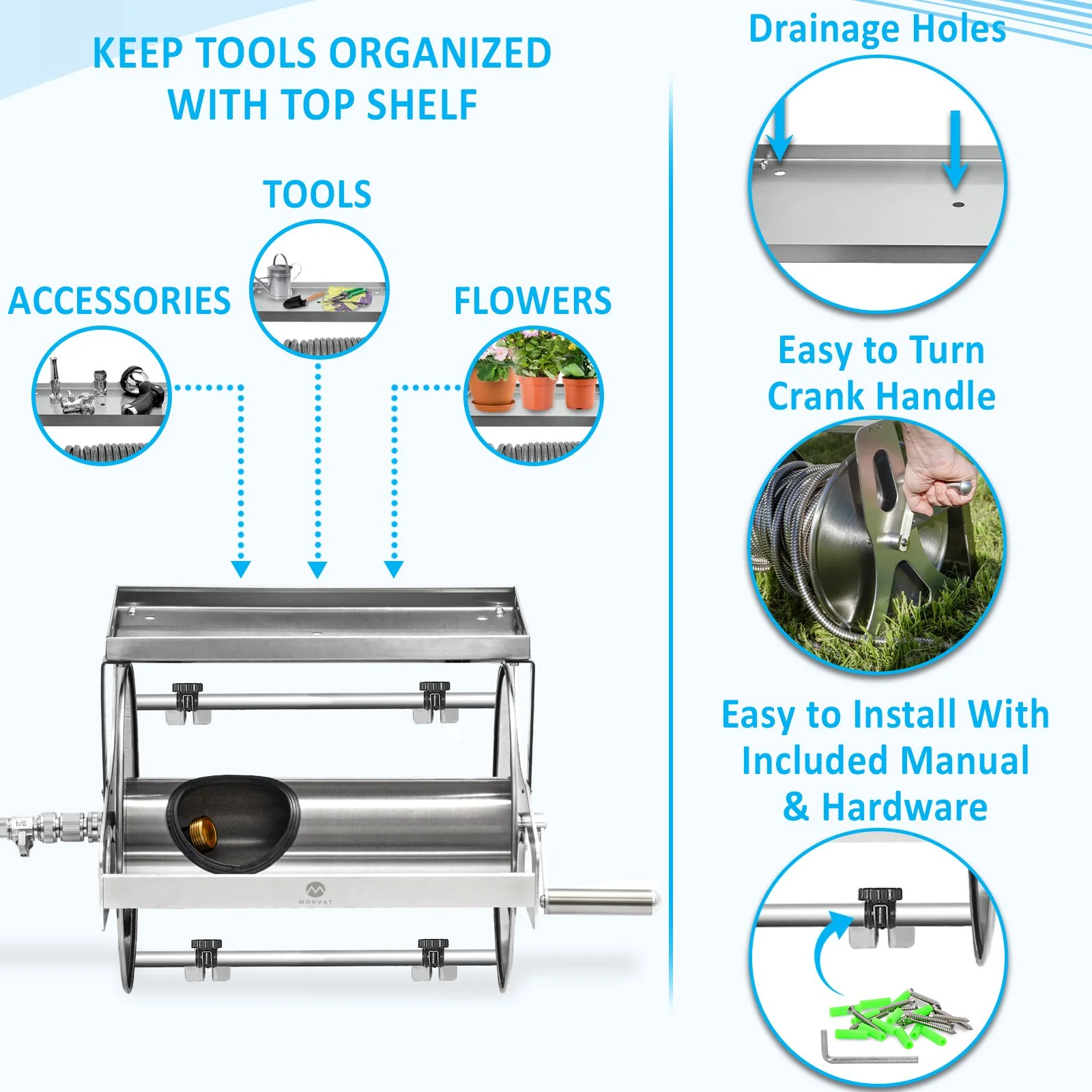 Morvat 150FT Stainless Steel Garden Hose Reel with Accessories