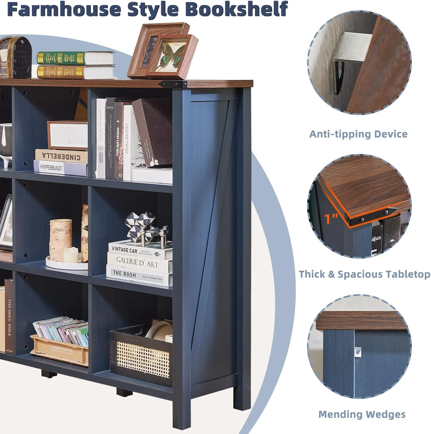 9 Cube Bookcase, Farmhouse 47 Inch Wide Navy Blue Bookshelf, Wooden 3 Tier Display Large Open Book Shelf, Vintage Horizontal Book Case for Home Office, Cubby Storage Cabinet for Living Room(9 Cube (13.6 "D x 47.24 "W x 42.2"H)/Navy Blue) - Image 7