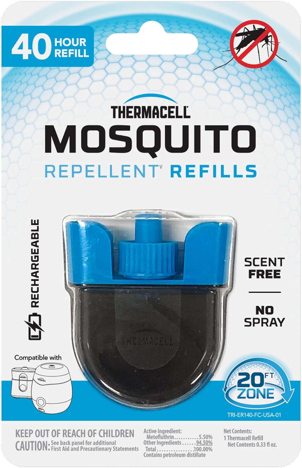Thermacell E-ZoneGuard Mosquito Repellent Refill, 40-Hr, Rechargeable| 20-FT Zone; 1x 40-Hr Refill Cartridge; Proven Outdoor Protection; Patio Shield; Bug Spray Alternative; Scent Free; DEET-Free
