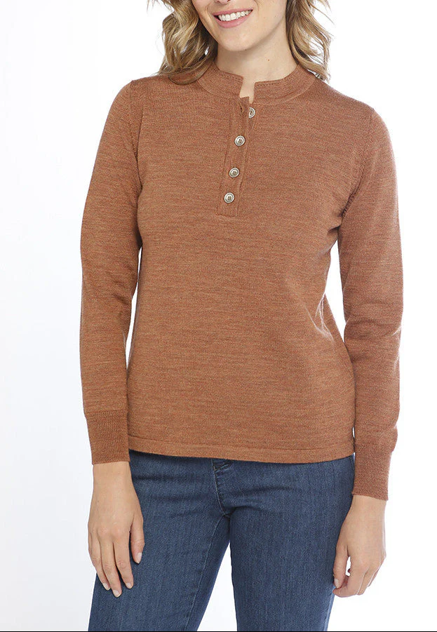 Pull laine fine mérinos femme col montant - MARRON CUIR