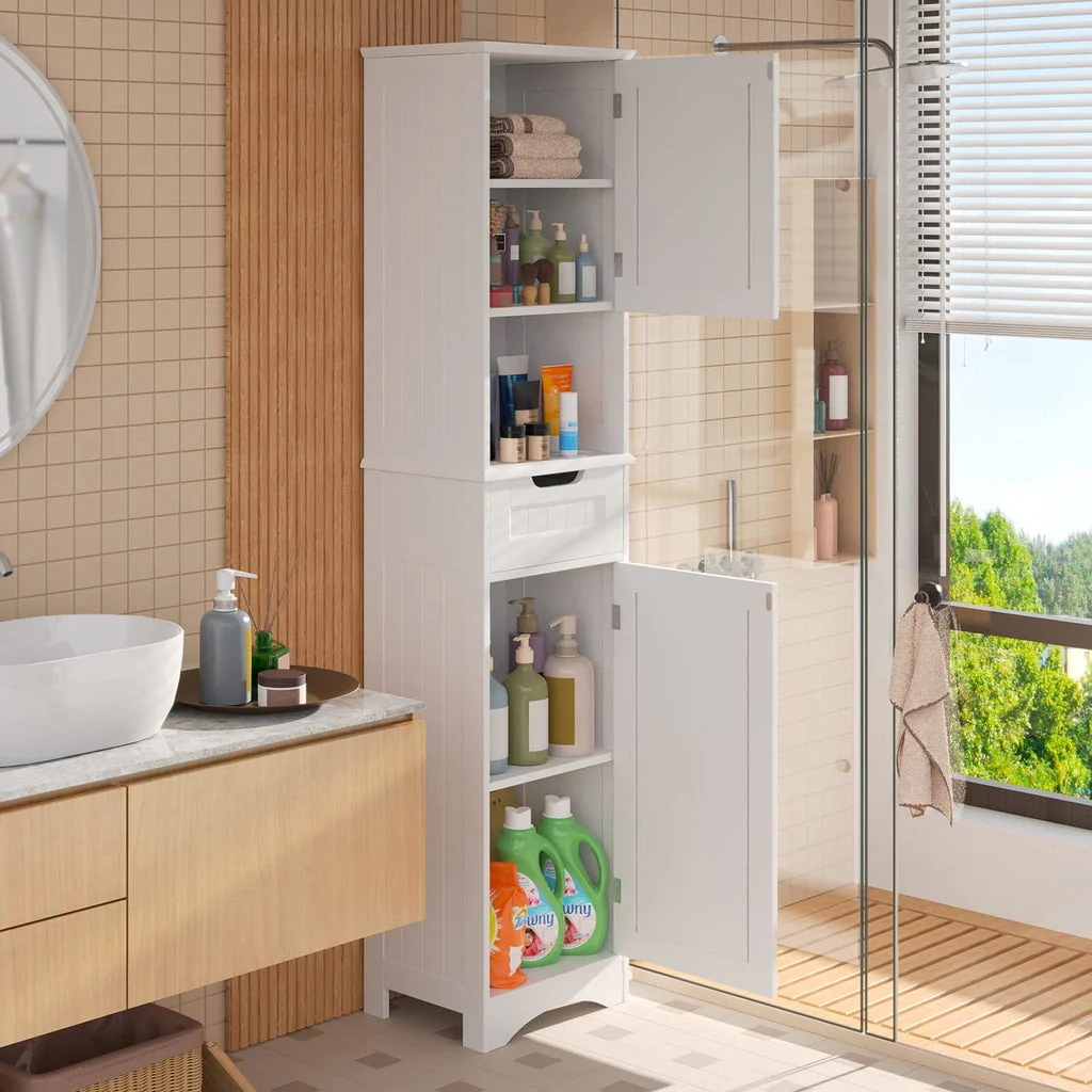 67"H Bathroom Storage Cabinet with 2 Doors and 1 Drawer for Bathroom, Bedroom, Kitchen, and Living Room White Image 3
