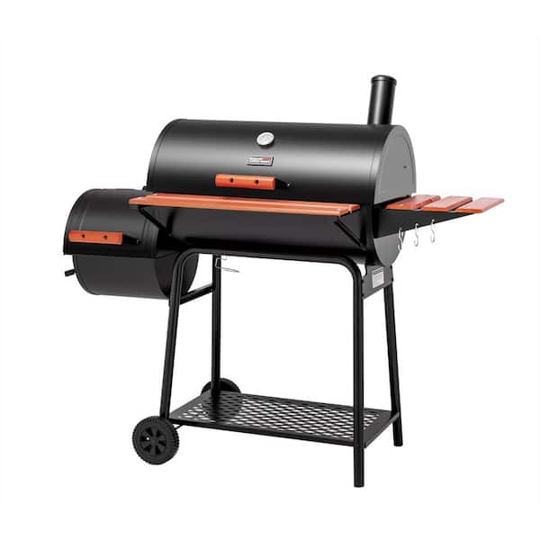 Barrel Charcoal Grill in Black with Offset Smoker. 811 sq. in. Cooking Space. Wood-Painted Side Table