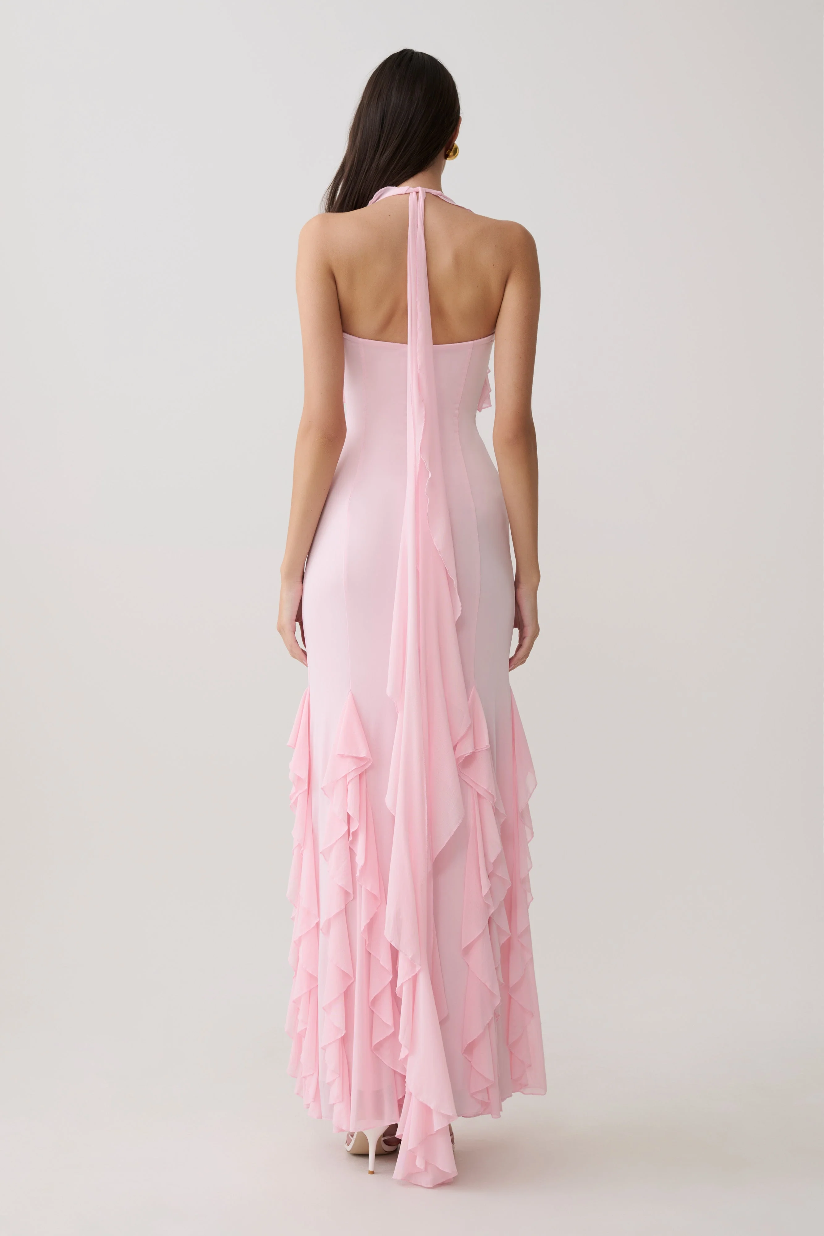 Etta Ruffle Slinky Maxi Dress - Pale Pink