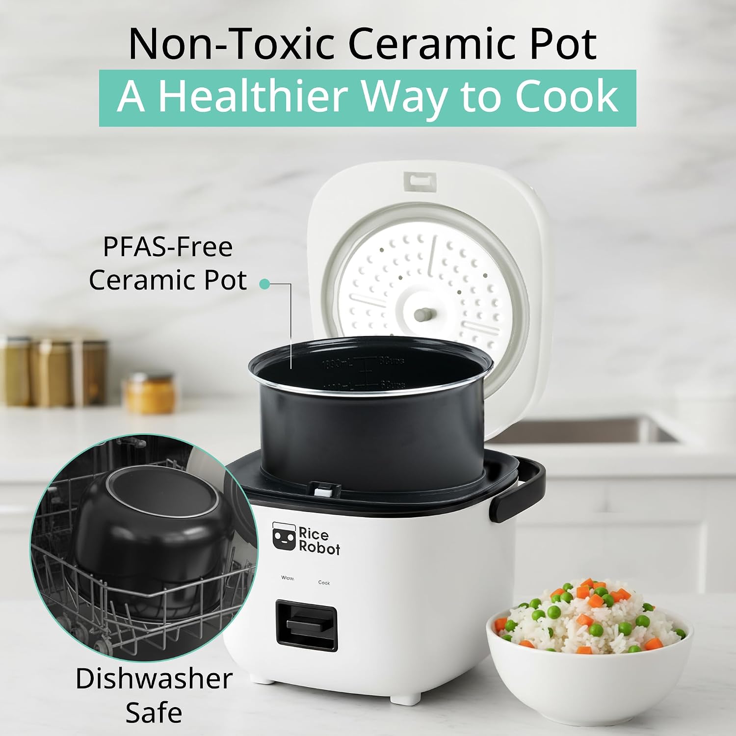 Rice Robot Personal Rice Cooker, PFAS-free, Nonstick1 Quart Capacity, with Stainless Steel Steamer Tray, Measuring Cups, Recipe Book with 60 Recipes, and Serving Spoon, As Seen On TV