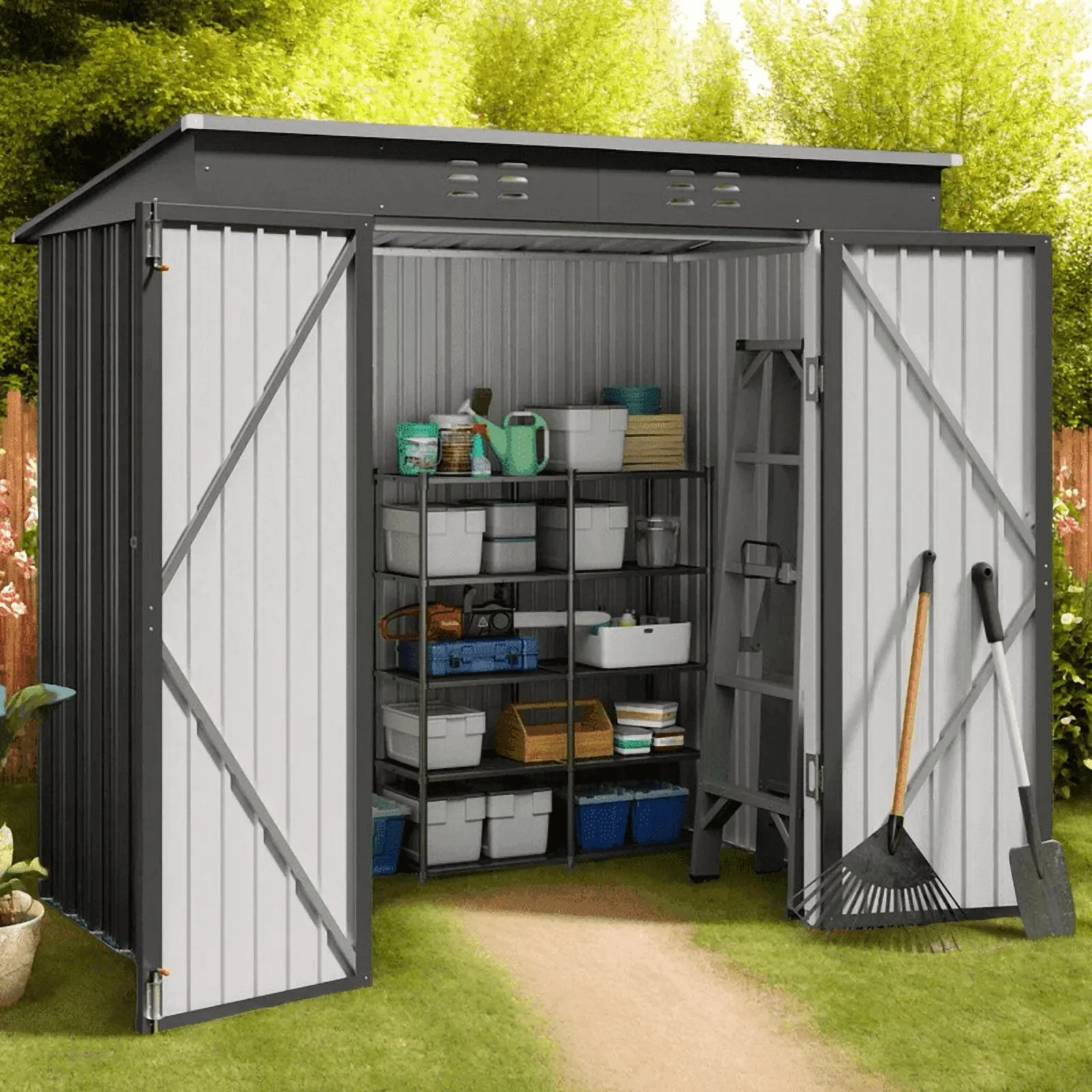 Asofer 6' x 4'  (25.3 sq. ft. )Outdoor Storage Shed with Double Lockable Doors, Anti-Corrosion Metal Garden Shed,  for Backyard Patio Lawn, Dark Gray
