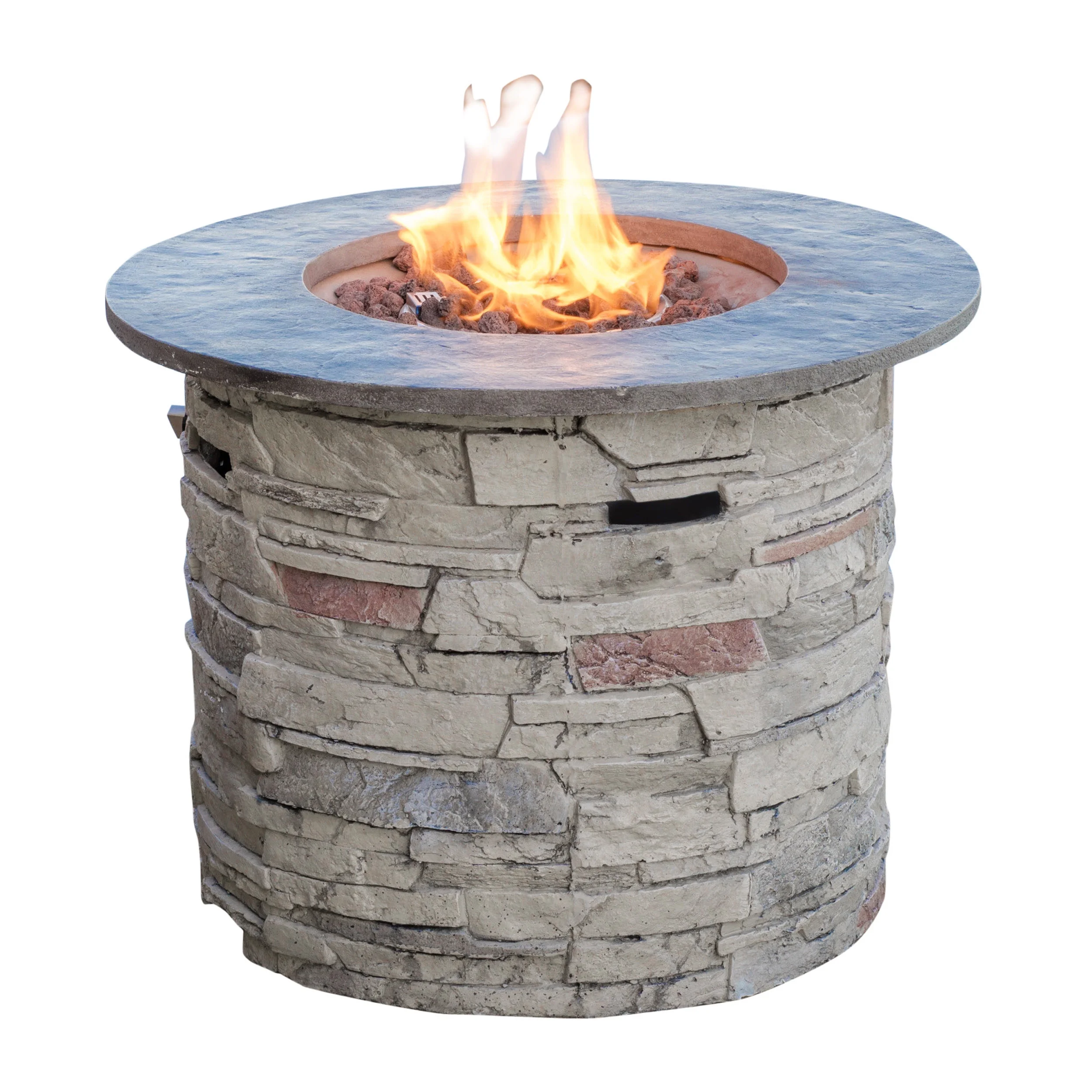 Awalua 32" Circular MGO Fire Pit Withnbsp;Grey Top - 40,000 BTU, Natural Stone