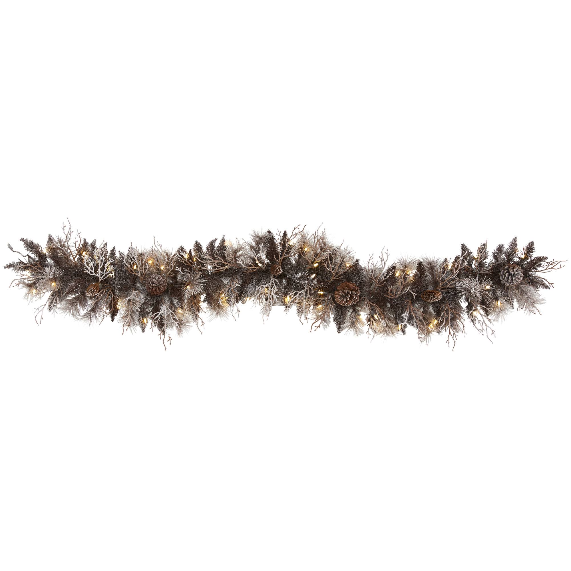 Nearly Natural 6' Flocked Artificial Christmas Garland with 50 White Warm LED Lights and Pine Cones