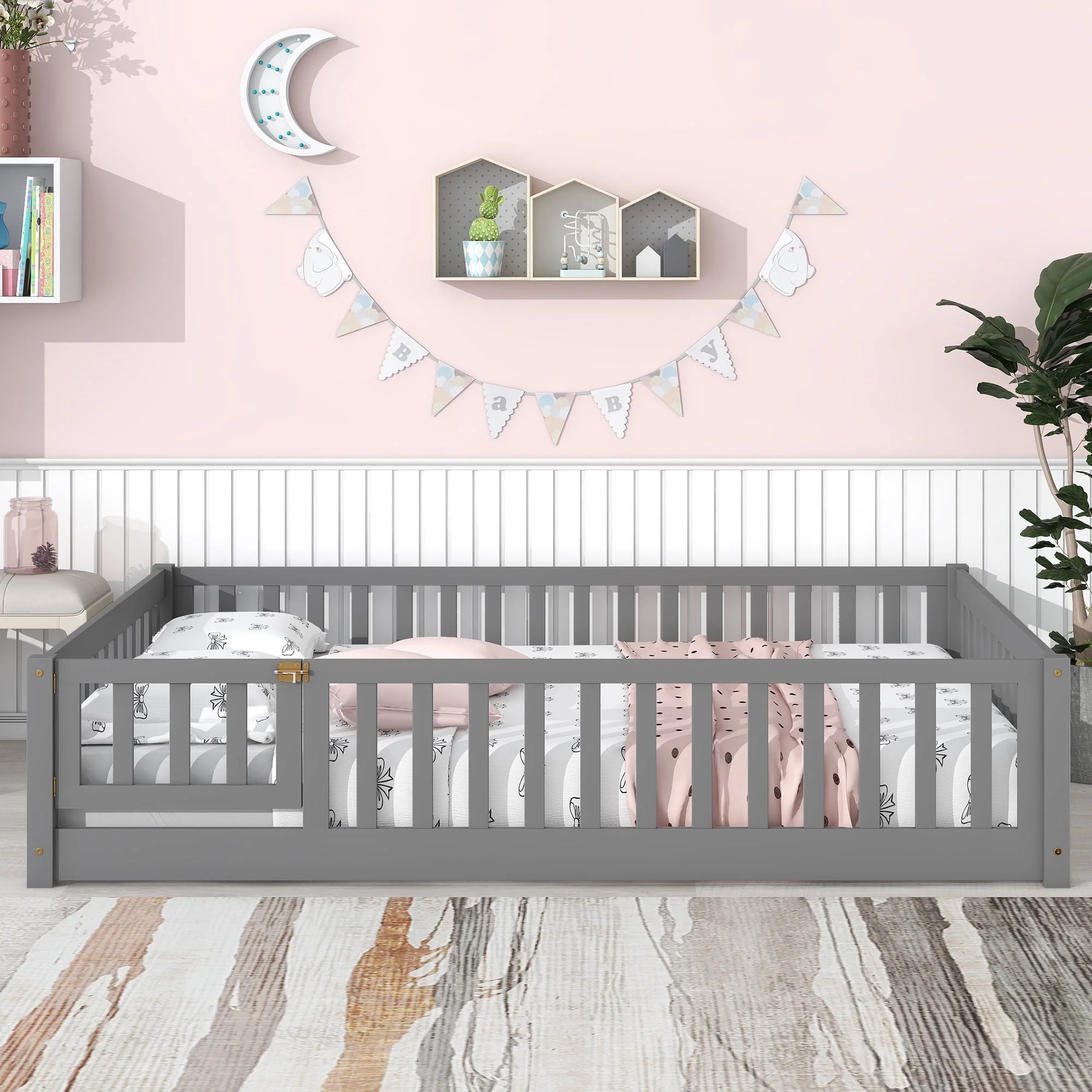 Full Size Wood Floor Bed Frame with Fence and Door for Kids, Toddlers, Gray(Twin/Gray) - Image 3