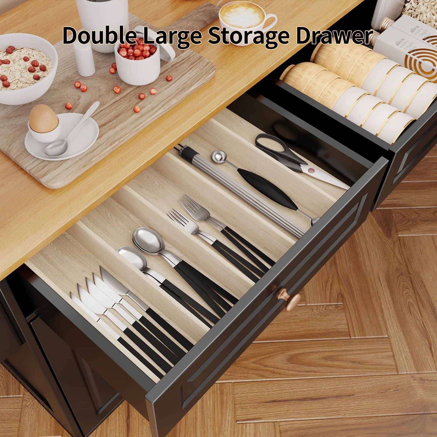 Kitchen Island with Storage, Kitchen Island Cart with Drop Leaf, Black(Black) Image 7