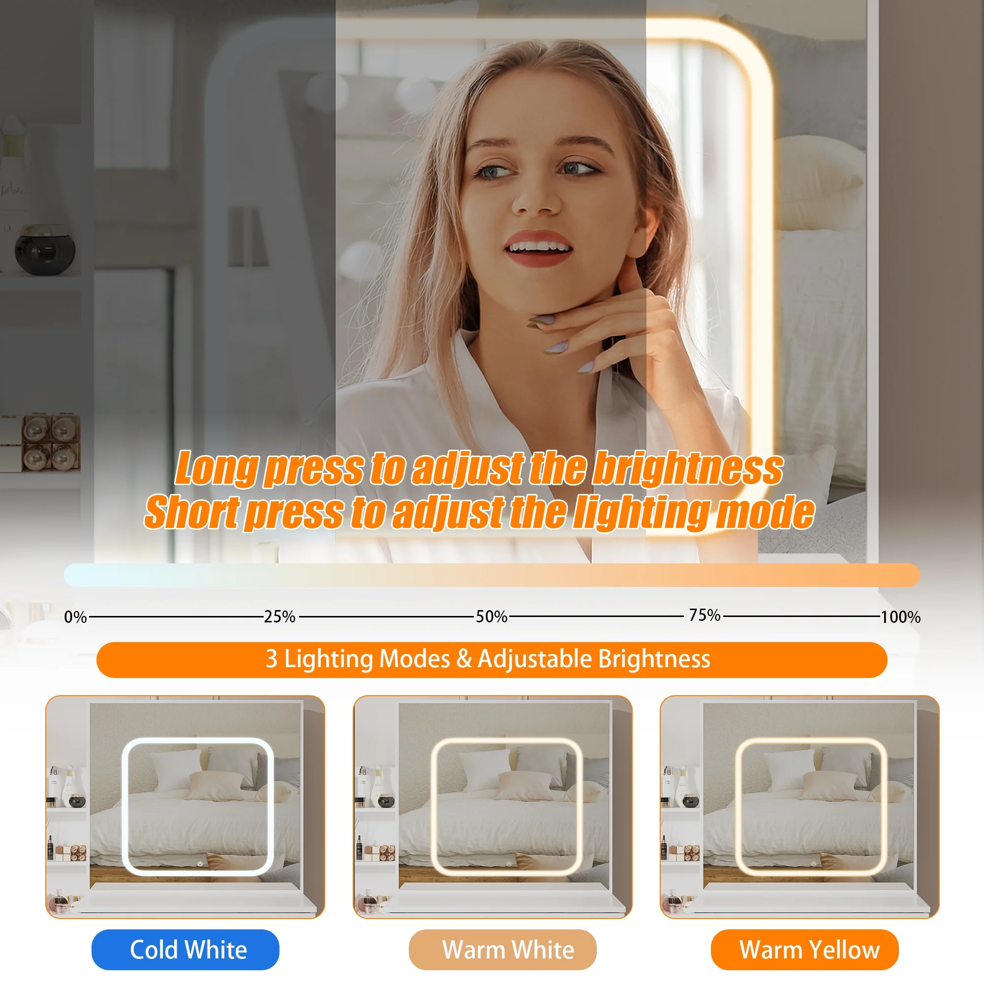 Vanity Desk with Sliding Mirror and Lights, Makeup Vanity Set with 4 Drawers, Stool, Power Outlet, Open Shelves, 3 Color Adjustable Lighting Modes, Makeup Dressing Table for Bedroom, White(White) - Image 6