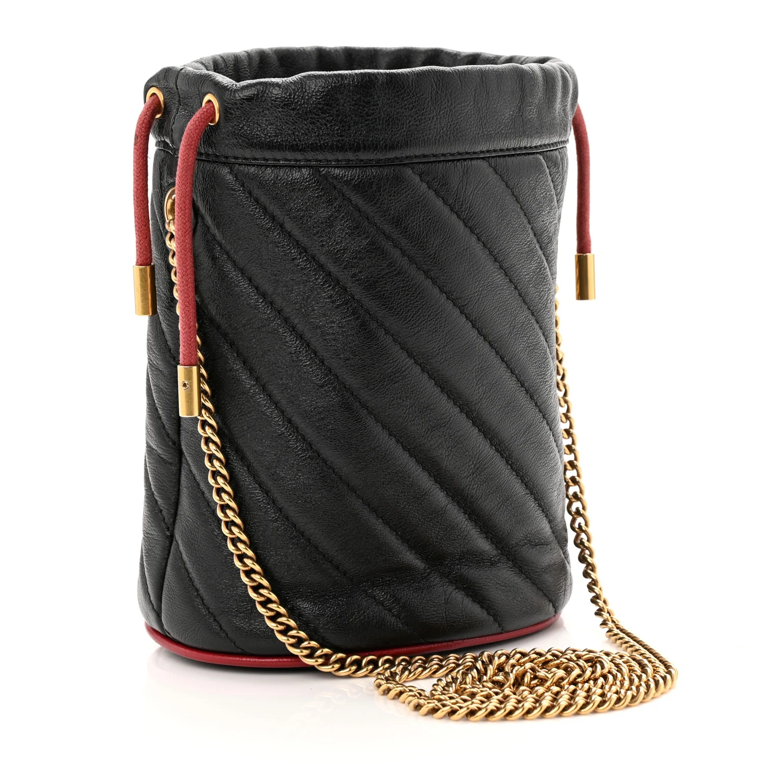 Vintage Effect Calfskin Matelasse Diagonal Mini Torchon GG Marmont 2.0 Bucket Bag Black Romantic Cherry