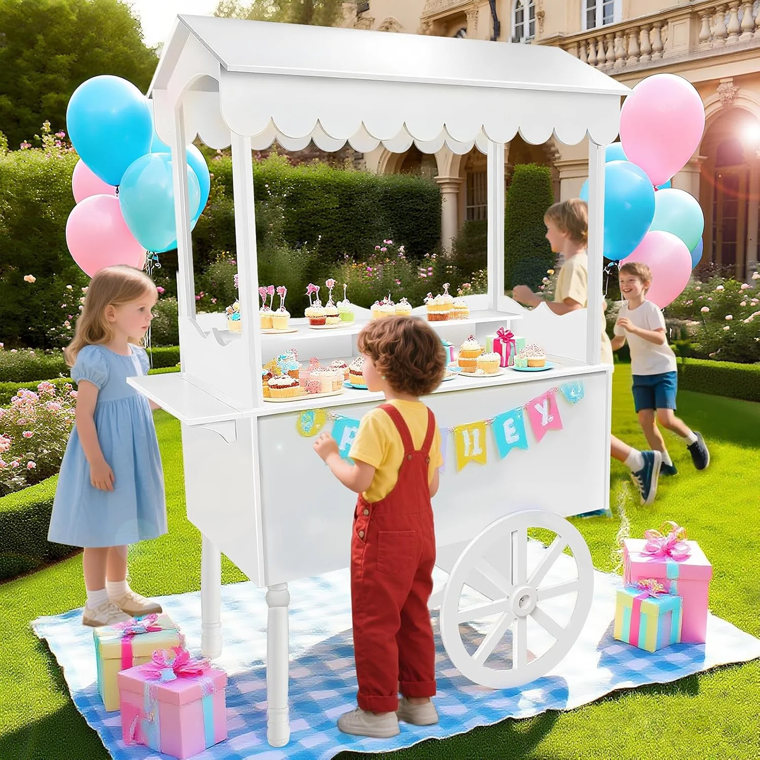 72in Candy Cart Display Stand with Decorated Wheels 100 Balloons Easy Install Vintage Dessert Cart for Parties Birthdays Weddings White(White) - Image 8