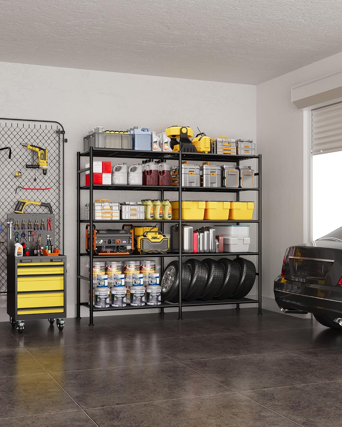 Sakugi Storage Shelves - 5-Tier Heavy Duty Garage Shelving Units with Leveling Feet & Wall Anchor, Large-Capacity Metal Shelf for Garage, Pantry, Kitchen, 59.1