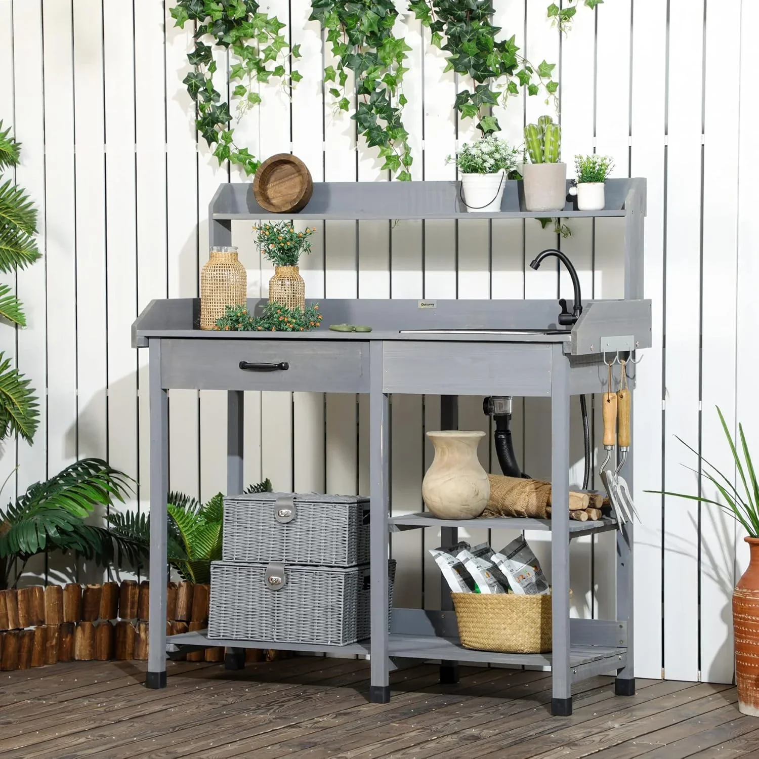 SSyao Potting Bench Table, Outdoor Wooden Garden Workstation with Removable Sink, Faucet, Storage Drawer, Shelves & Tool Hooks, Gardening Table for Patio, Backyard, Greenhouse, Planting Tasks,Gray