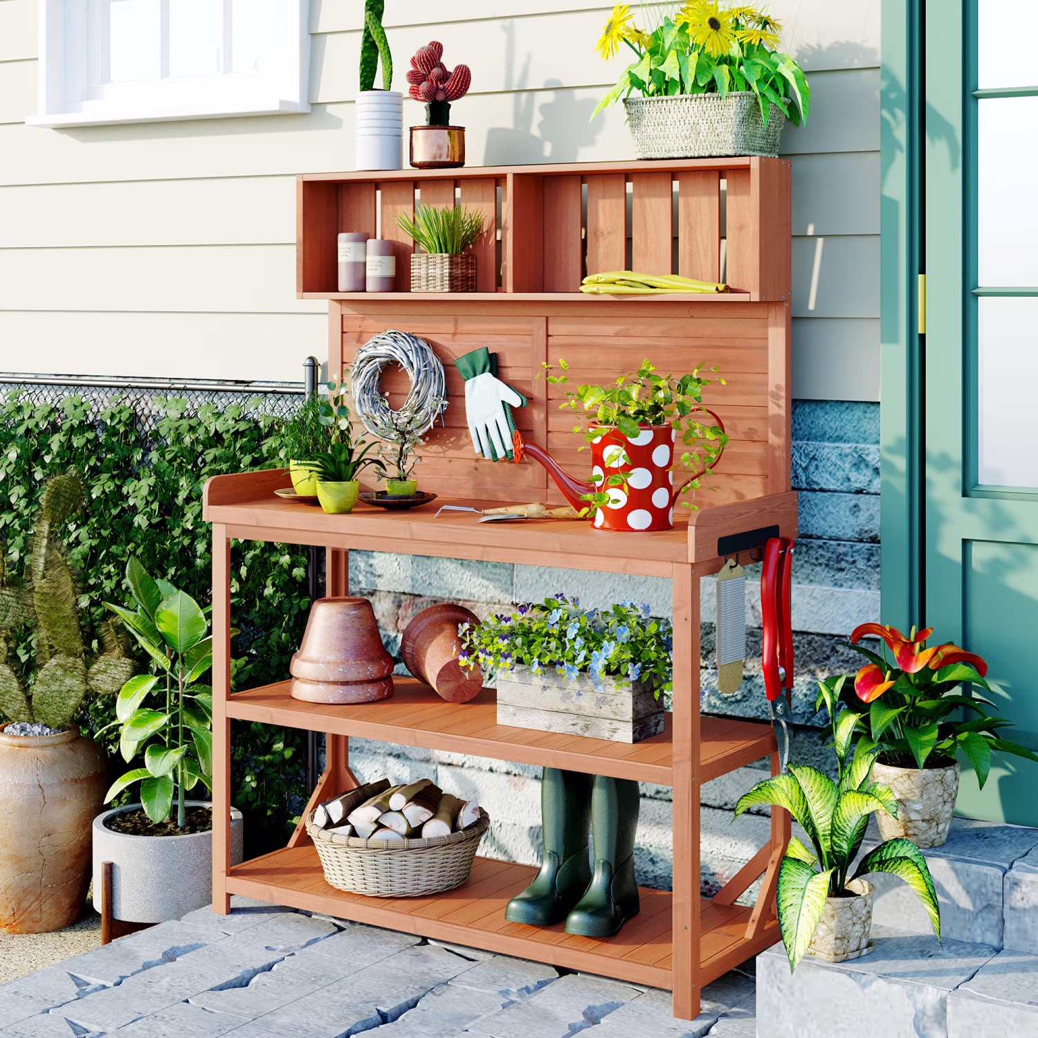 65" Large Wooden Farmhouse Rustic Outdoor Potting Bench Table, Garden Workstation with 4 Storage Shelves and Side Hooks, Natural
