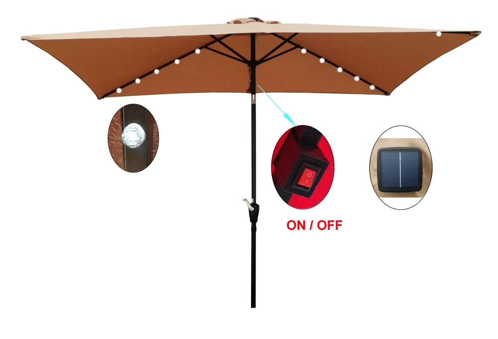 10 x 6.5t Patio Umbrella,Rectangular Picnic Table Umbrella,6-8 Chairs Tilt Umbrella with 26 LED Lights,Waterproof Umbrella Sunshade with Crank and Push Button Tilt for Garden Backyard Pool,Mushroom