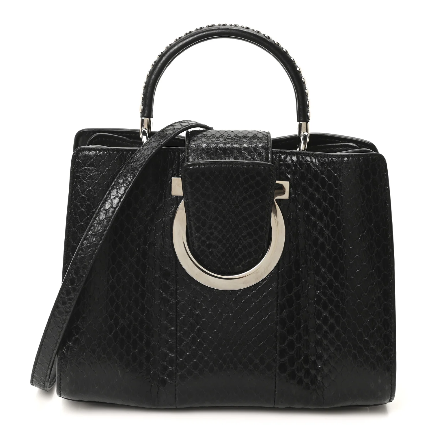 Snakeskin Studded Thalia Top Handle Black