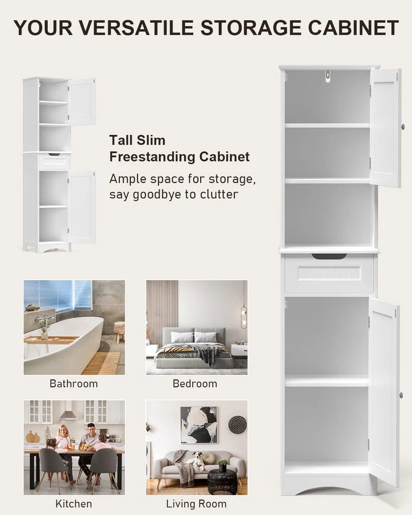67"H Bathroom Storage Cabinet with 2 Doors and 1 Drawer for Bathroom, Bedroom, Kitchen, and Living Room White Image 2