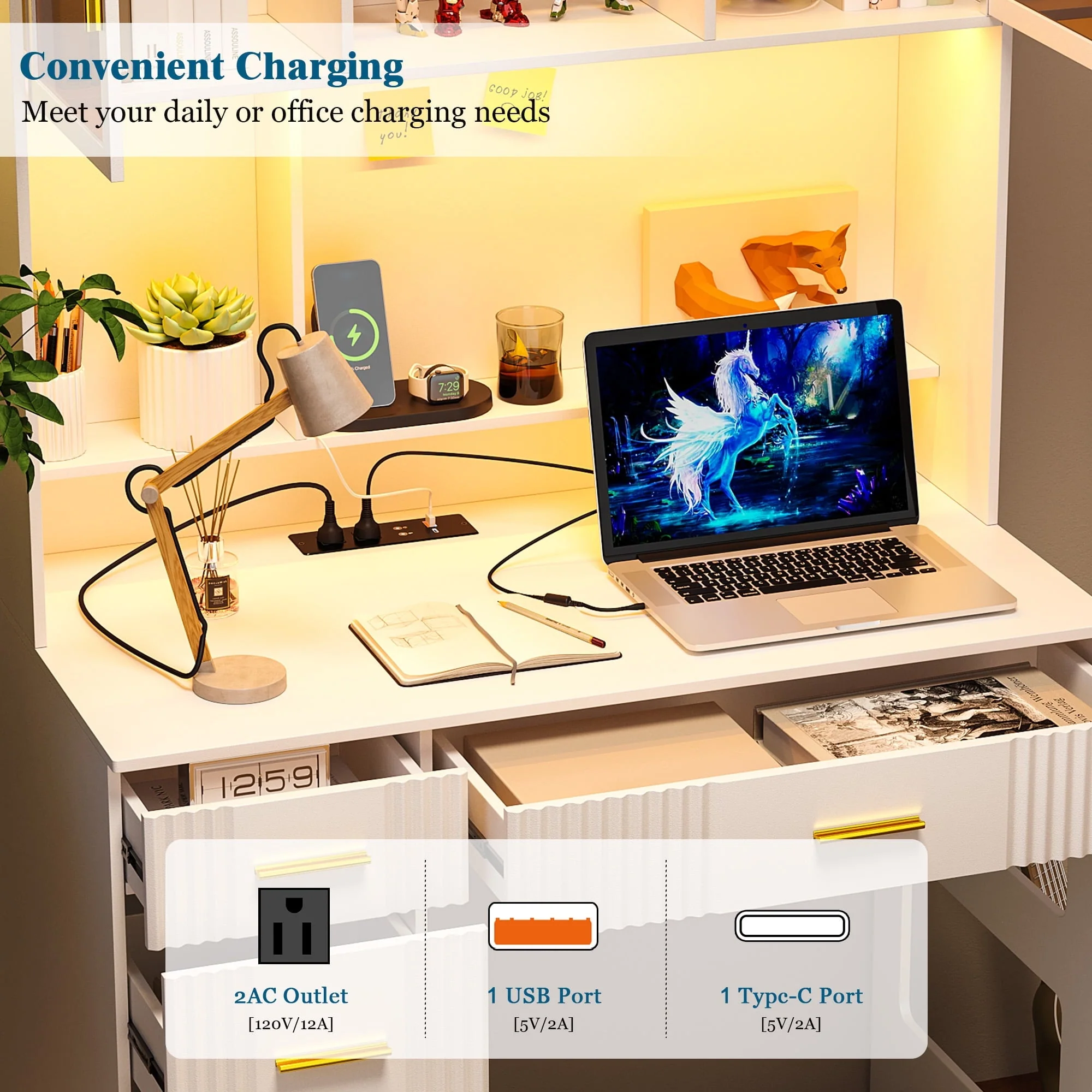 LED Study Desk with Hutch and Drawer, Home Office Desk with Outlet, Computer Desk with Charging Station, Writing Desk for Bedroom, Workstation for Small Space(White) Image 5
