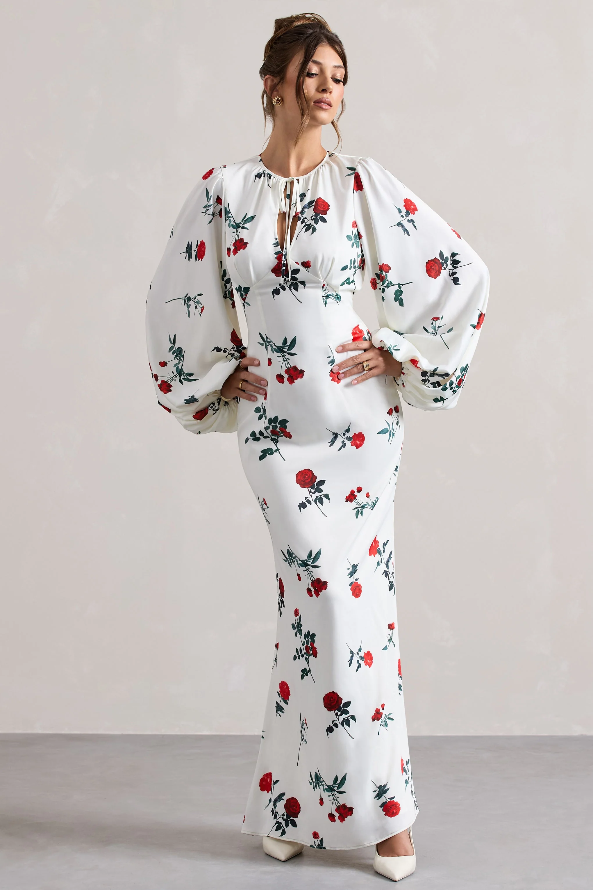Wild Rose | Rose Print Satin Puff-Sleeve Cut-Out Maxi Dress