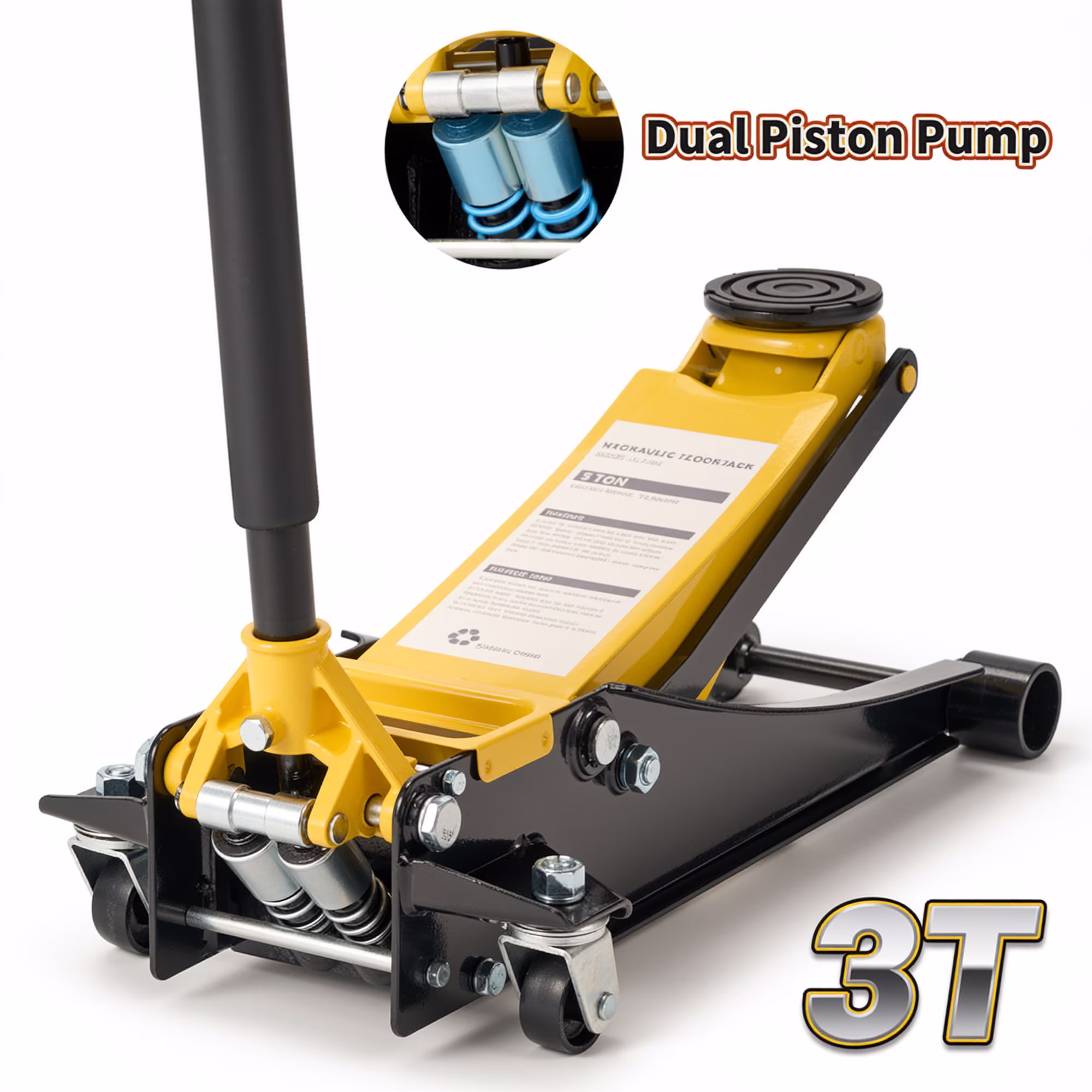 3 Ton Low Profile Floor Jack, Dual Piston Hydraulic Pump, Heavy Duty All Steel Construction, Lifting Range 2.8"-19.7", Use for Car, SUV, Mini RV, Light Truck, Yellow