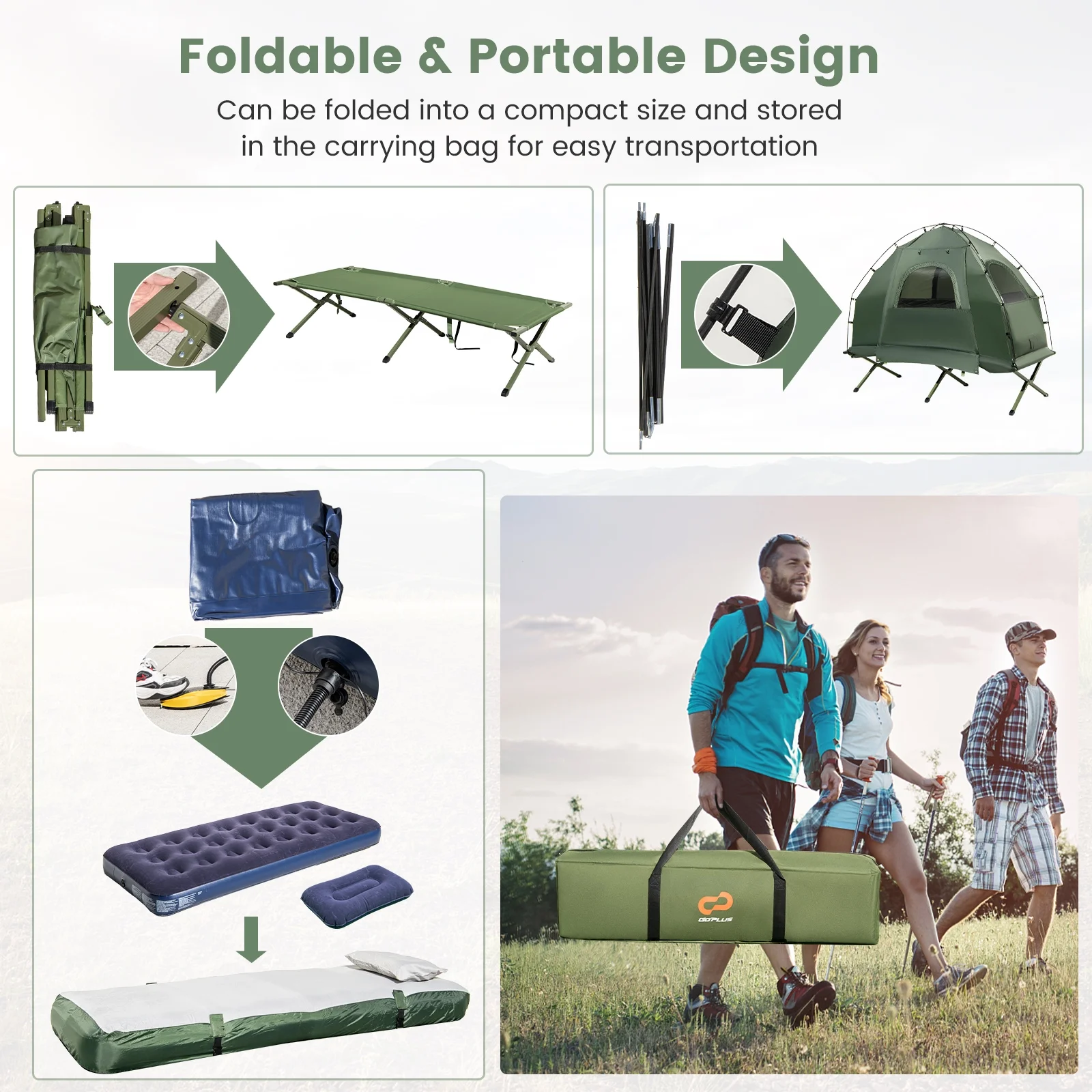 1-Person Waterproof Camping Tent Cot with Air Mattress, Pillow, Sleeping Bag - Image 10