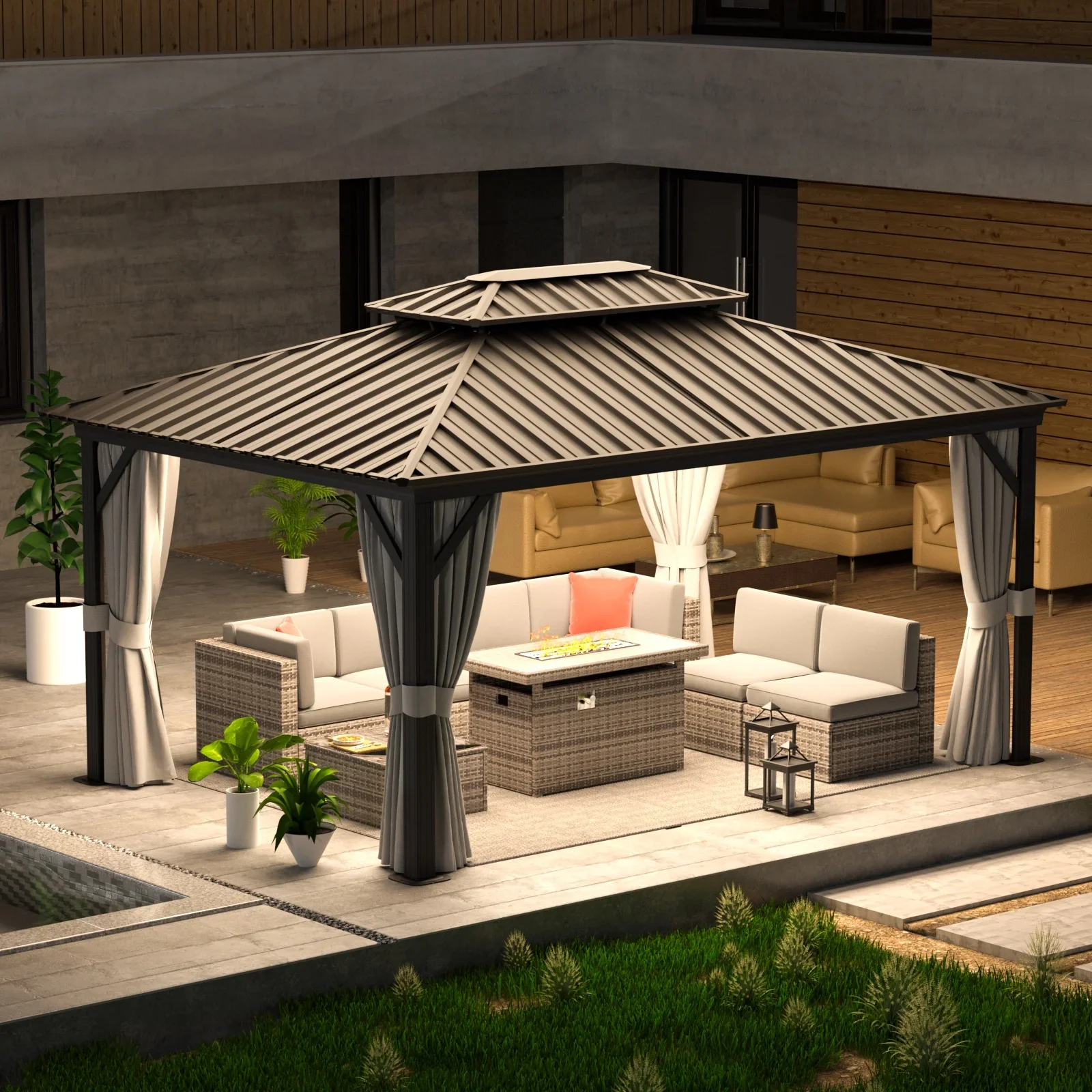 AOXUN 12'x16��Outdoor Hardtop Gazebo, Galvanized  Double Roof Aluminum Pavilion with Netting and Curtains for Garden, Patio, Lawns, Gray