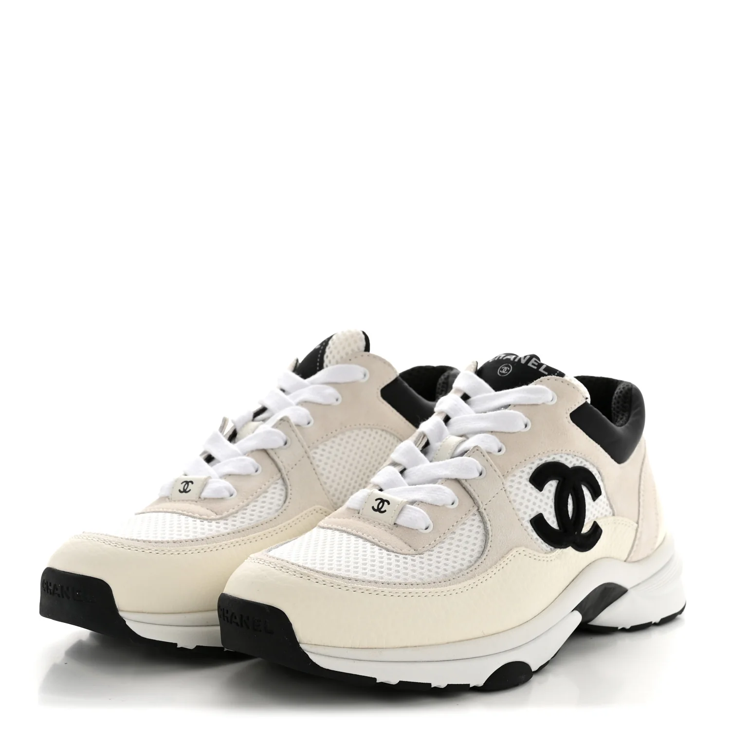 Mesh Suede Grained Calfskin Womens CC Sneakers 38.5 White Black