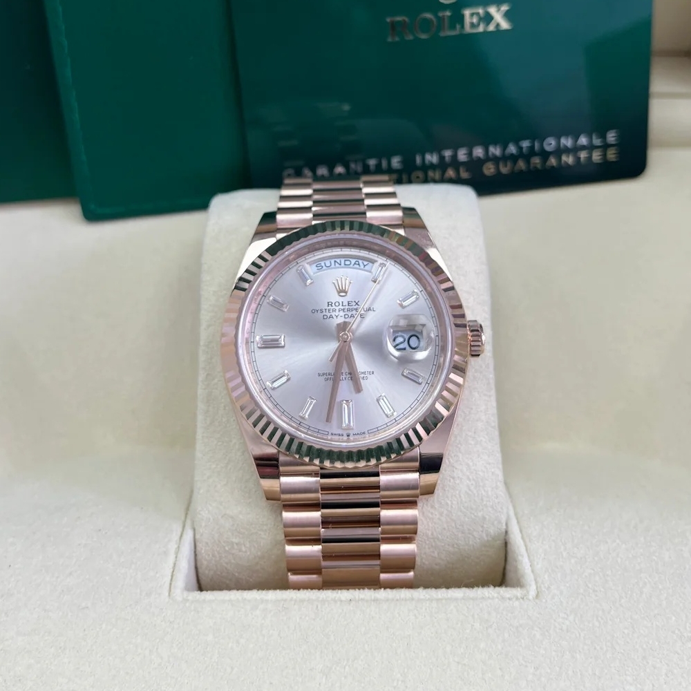 【Super Clone】RLX Day-Date President 40mm Everose Gold Sundust Diamond Baguette Dial - 228235