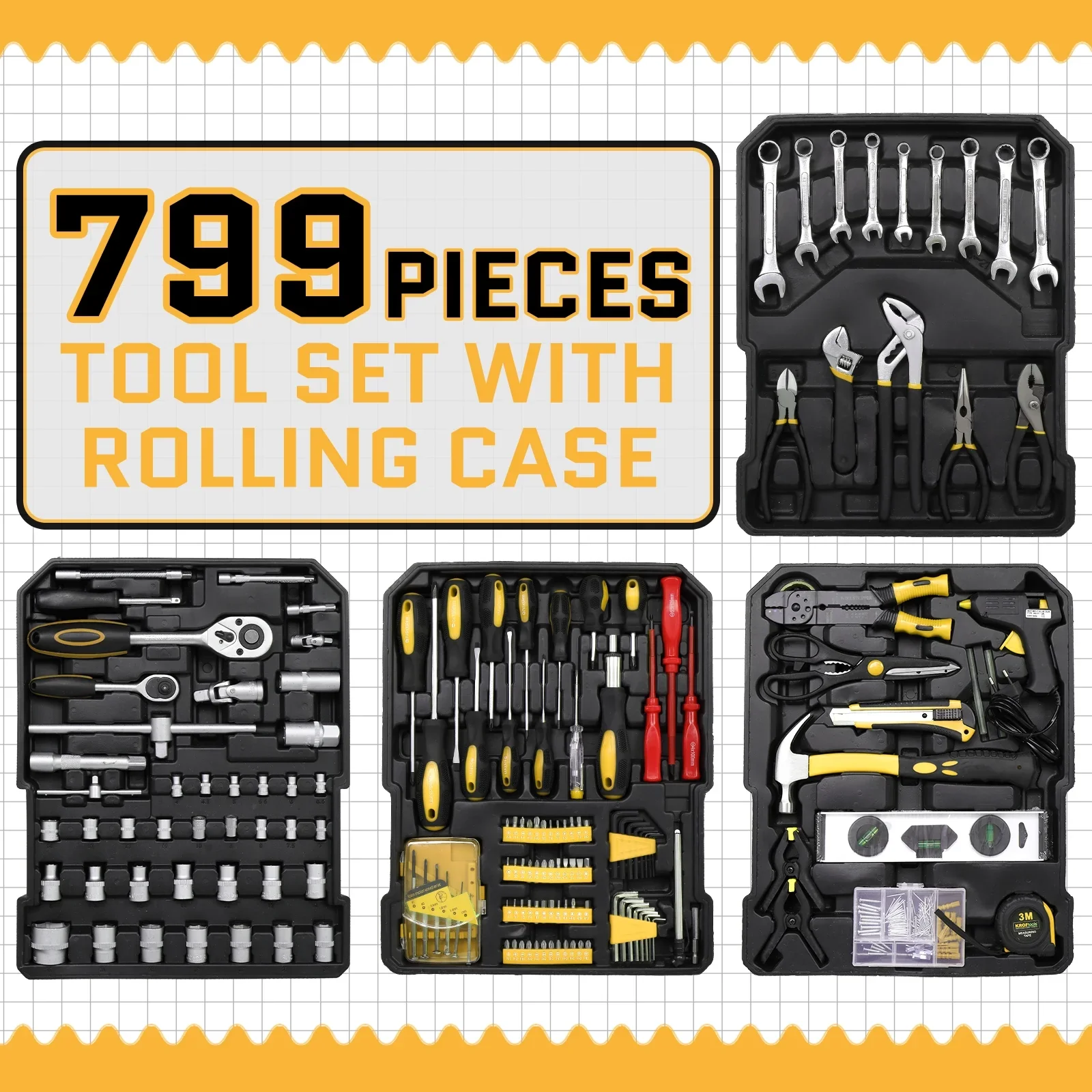 UBesGoo 799 Pcs Tool Set, Household Repair Hand Tool Kit, Mechanics Tool Kit, with Trolley Case, Silver