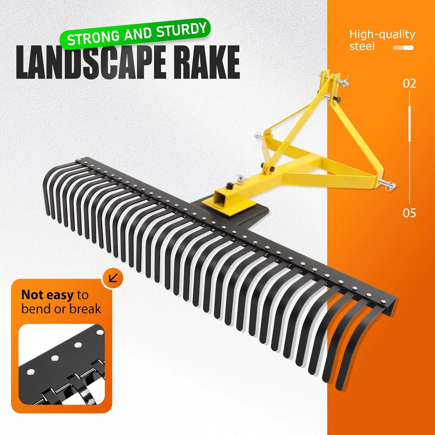60In Landscape Rake 3 Point Rake 360 Degree Rotation Compatible with Category 1 Cat1 Compact Tractors Tow-Behind Garden Tool for Garden Farm Clearing Brush Raking Arenas 2 Package Yellow - Image 4