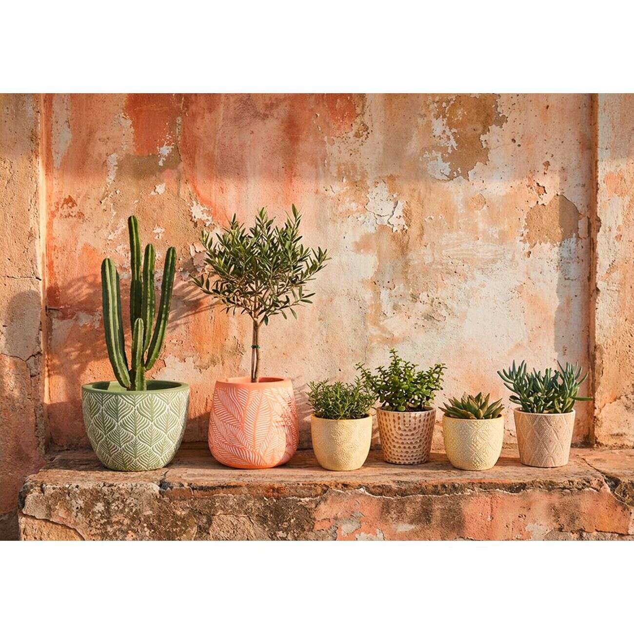 Pot terre cuite motif feuillage rouge et blanc Ø20xH20cm