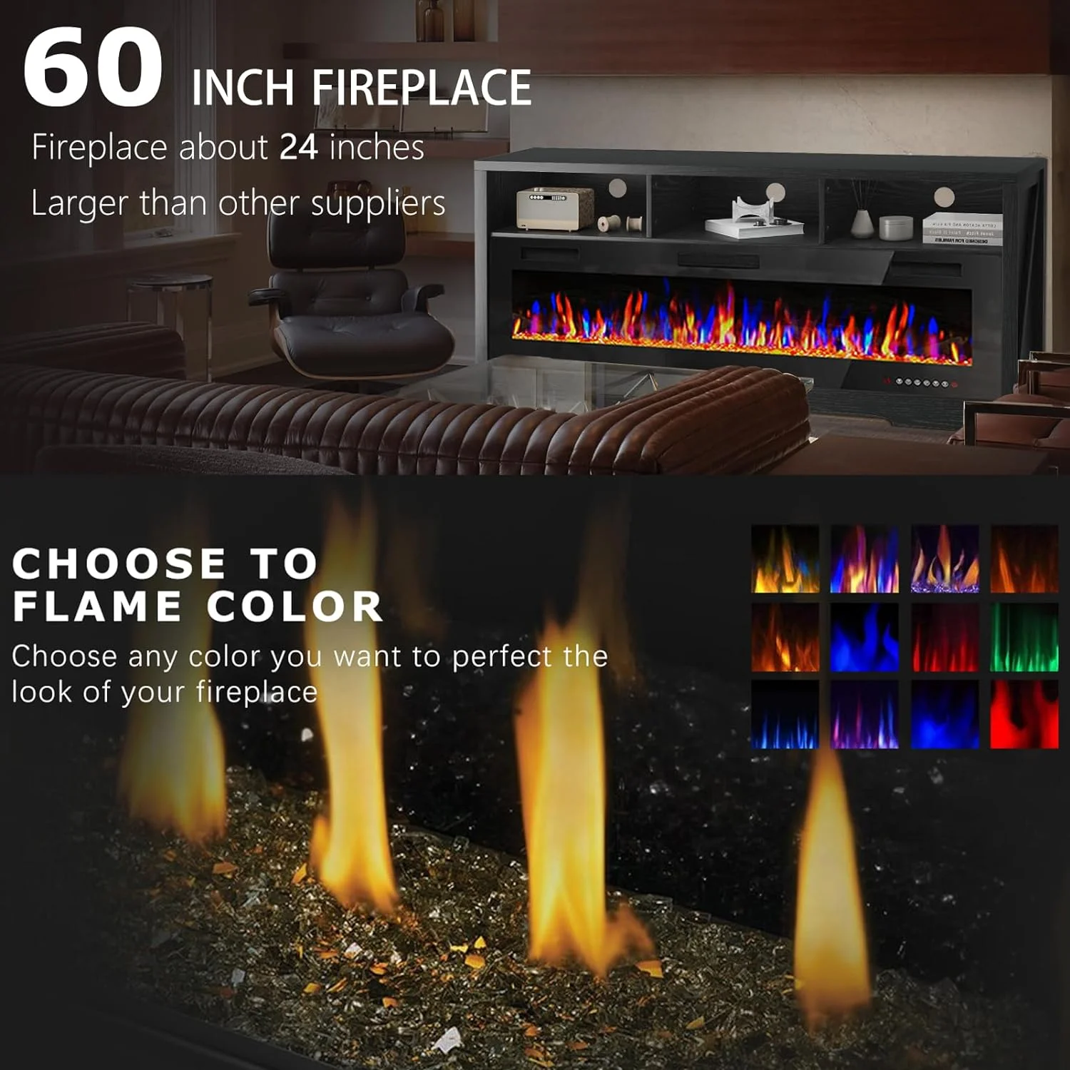 Fireplace TV Stand for TVs Up to 75" TV with 60" Electric Fireplace,Entertainment Center with Open Shelve Storage(Black) - Image 8