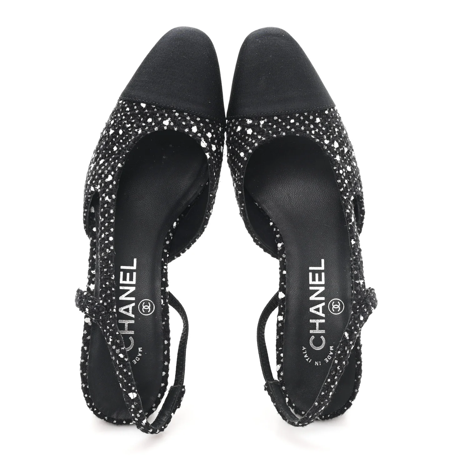 Tweed Polkadot Grosgrain Cap Toe CC Slingback Pumps 36 Black White Silver