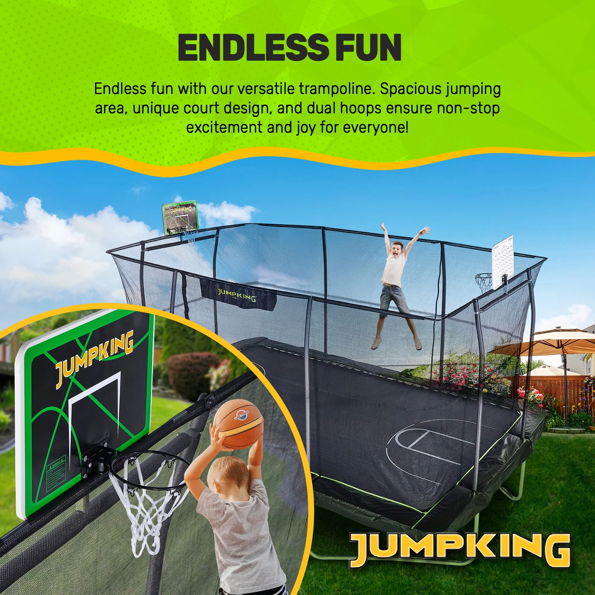 10'x15' Rectangle Trampoline with 2 Powder Coated Basketball Hoops Breakaway Rim and Ladder- Large Recreational Trampoline for Kids and Adults with Enclosure Net - Image 8