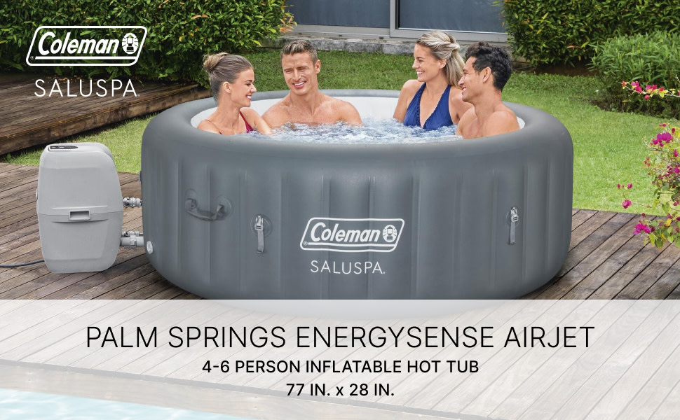 Four people relaxing in a Coleman Palm Springs inflatable hot tub on a wooden deck. Size: 17 x 28 in