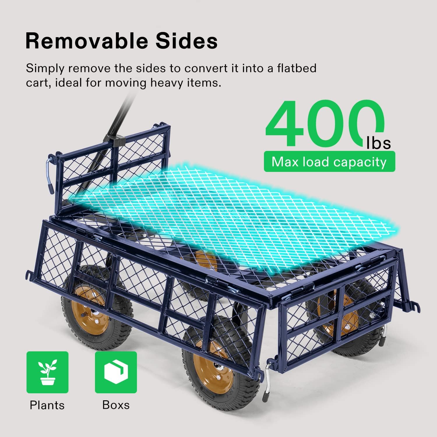 VIVOSUN Heavy-Duty Steel Garden Cart, 400-Pound Capacity, Steel Utility Garden Wagon with Removable Sides, 8