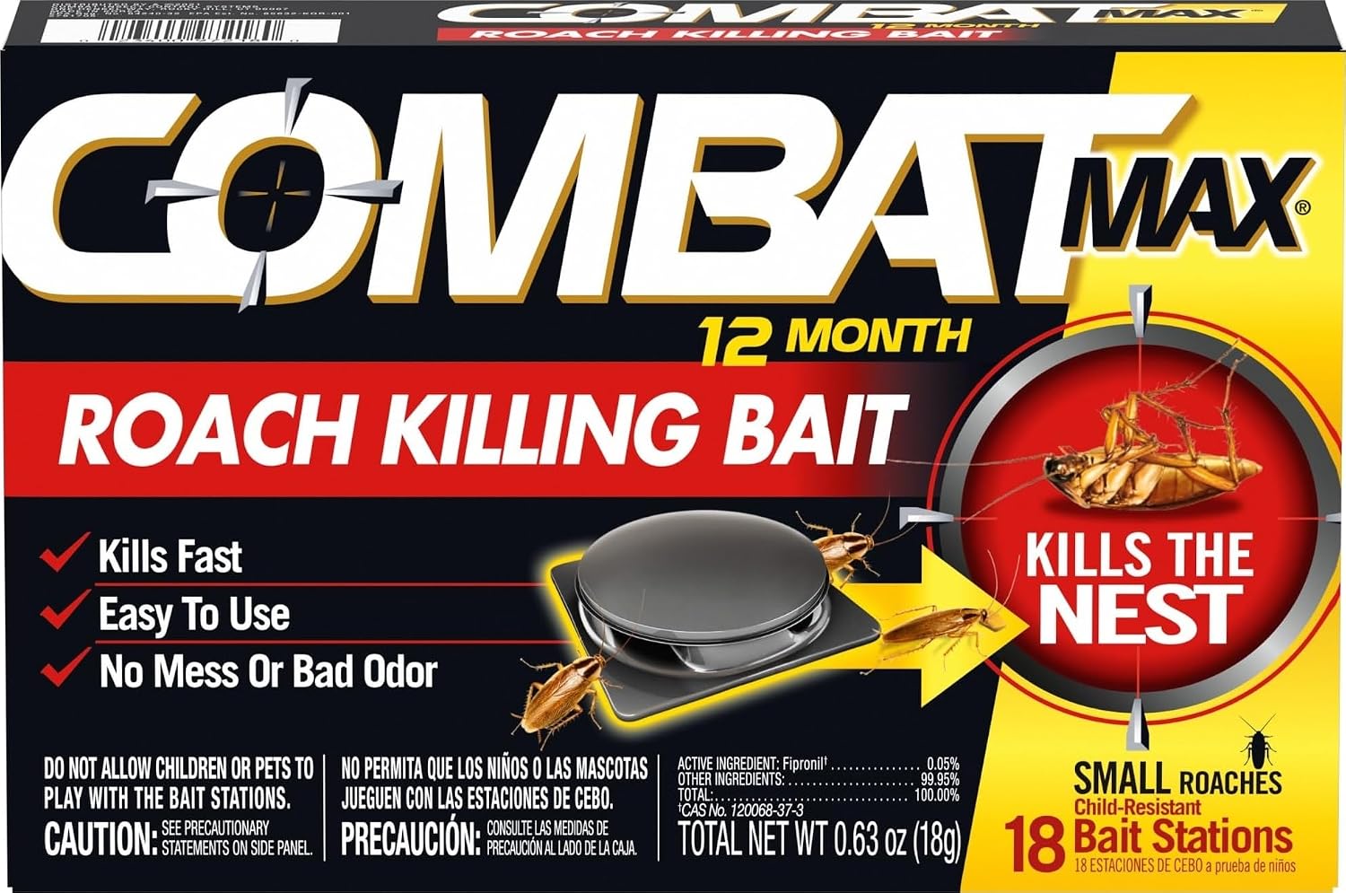 Combat Max 12 Month Roach Killing Bait, Small Roaches, Kill Nest, 18 Count| Child-resistant, fast-acting fipronil formula, nest destroyer, mess-free, no vapor, fumes or odor, kills entire infestation