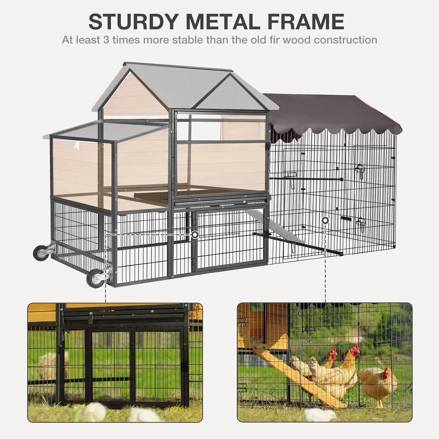 Ultimate Chicken Coop with Wheels Spacious 85" Metal Frame Chicken House with Nesting Box and Leakproof Pull-on Tray Chicken Tractor Portable Waterproof, Perfect for Chickens! - Image 2