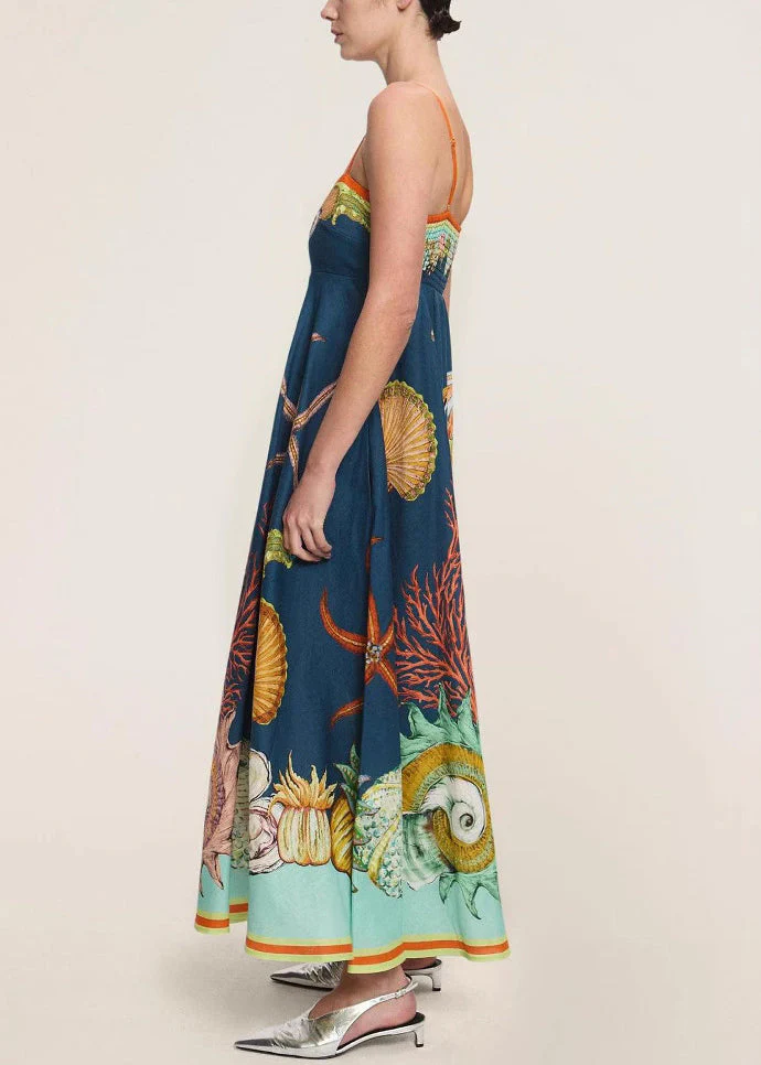 Sophie Paris I Robe sans manches en lin avec bretelles fines et imprimé Marine italienne