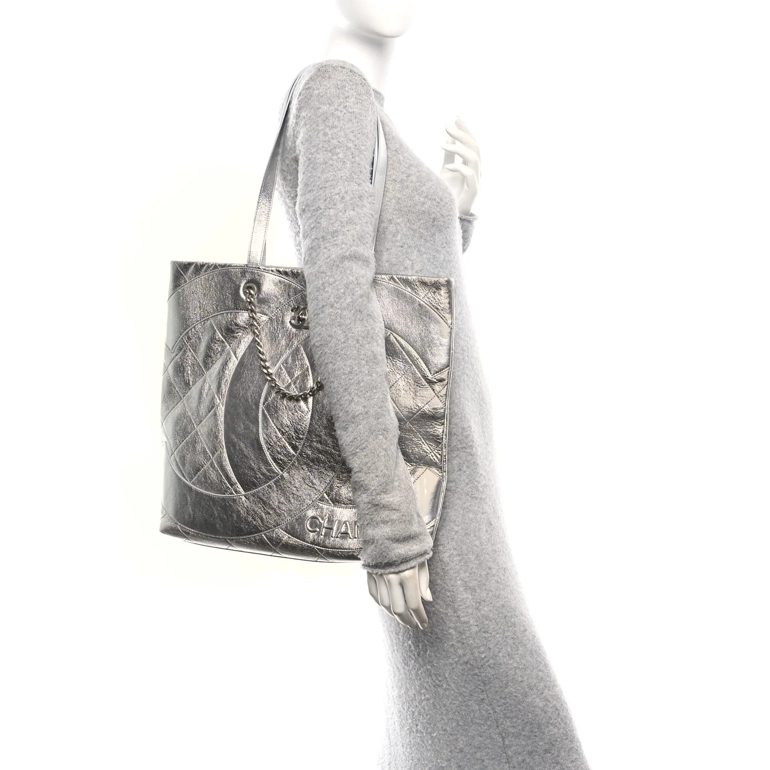Metallic Calfskin Stitched CC Shopper Tote Silvery