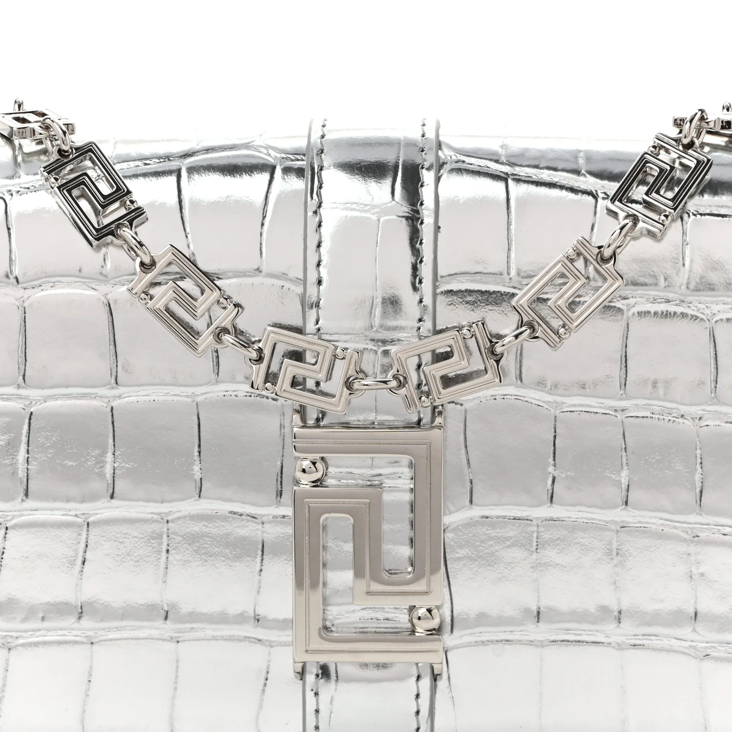 Metallic Crocodile Embossed Calfskin Greca Goddess Wallet On Chain Silver