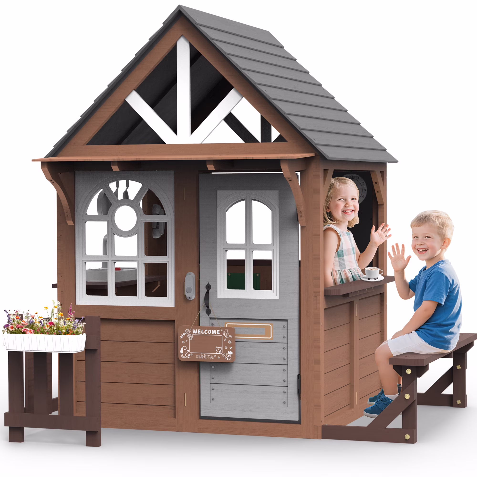 COCLUB Outdoor Playhouse, Wooden Playhouse for Kids Toddlers, Large Kids Playhouse with Bench/Fence/Kitchen/Door Nameplate/Pretend Phone, Girls Boys Outdoor Toy Gift for Ages 3+, (62.99W* 67.32L)