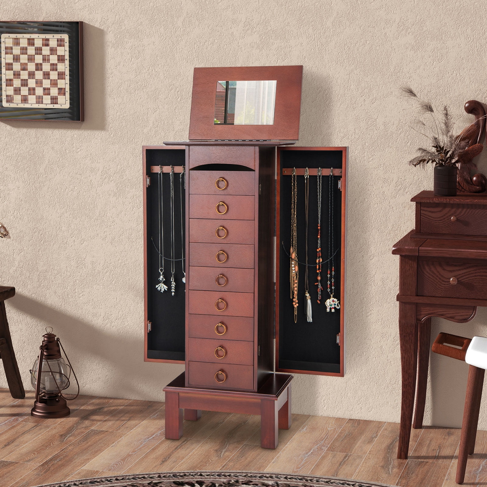 Wood Jewelry Cabinet Armoire Storage Box Chest Stand Organizer Indoor Bedroom - Image 5