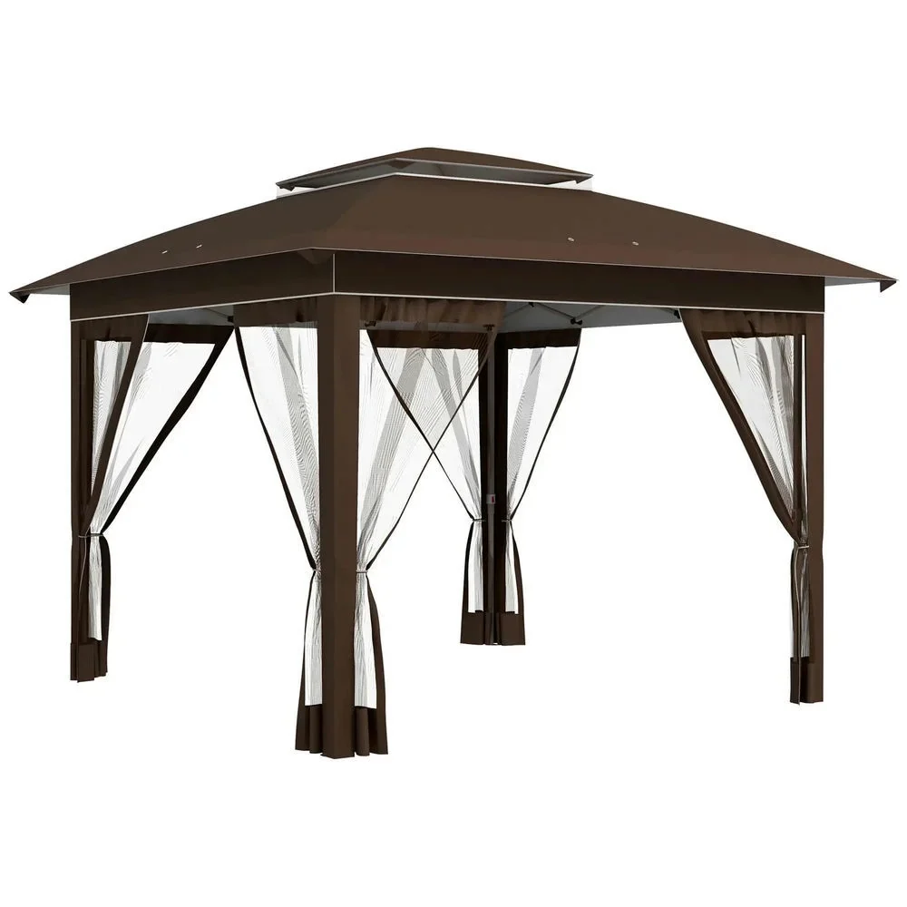 GVN Backyard Garden Canopy, Camping Canopy Screen Tent,12' x 12' Pop Up Canopy Tent with Netting and Carry Bag, Dark Brown