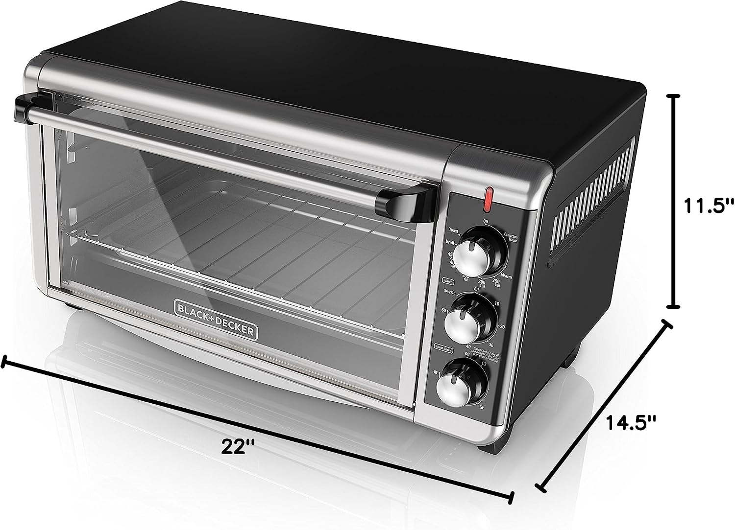 BLACK+DECKER TO3250XSBD 8-Slice Extra Wide Convection Countertop Toaster Oven, Includes Bake Pan, Broil Rack & Toasting Rack, Stainless Steel/Black
